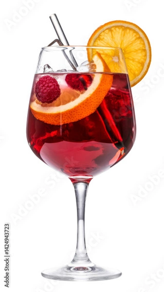 Fototapeta red cocktail with orange slice and raspberries on white background.