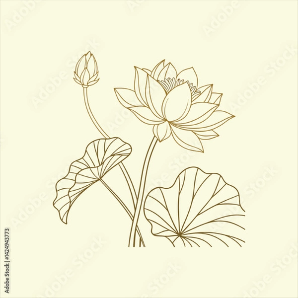 Obraz Minimalist Line Art Lotus Flower with Leaves – Elegant Botanical Illustration