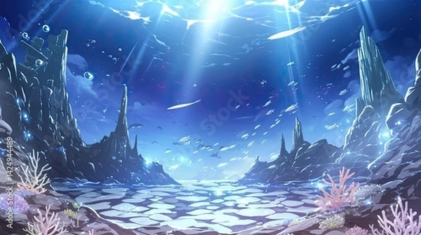 Fototapeta Vibrant underwater scene featu sun rays shining through clear blue water illuminating colorful coral reefs and diverse marine life undersea landscape with rock formations