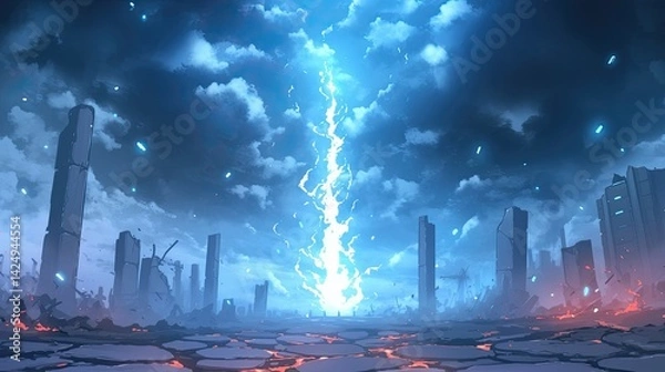 Fototapeta Dramatic lightning strike illuminating a futuristic cityscape du a thunderstorm with dark clouds towe overhead and glowing red lava cracks on the ground