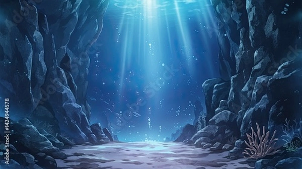 Fototapeta Underwater Cave Scene with Sunlight Filte Through Clear Water and Rocky Walls, Tranquil Ocean Depths with Light Rays and Bubbles in a Mystical Environment