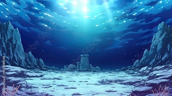 Fototapeta Underwater Landscape Scene with Coral Reef and Oceanic Features Featu Bright Blue Light Rays Penetrating Water Surface with Mountainous Terrain and Deep Sea Environment Illustration