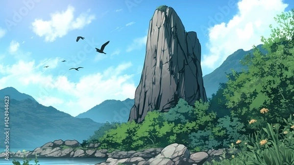 Fototapeta Serene landscape featu a towe rock formation amidst lush greenery, a peaceful river flow, distant mountains, a bright sky with clouds, and birds flying overhead