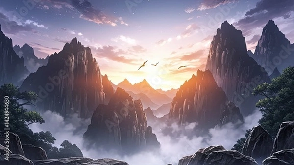 Fototapeta Breathtaking panoramic view of majestic jagged mountain peaks with misty valleys and vibrant sunrise sky illuminating the rugged landscape and flying birds