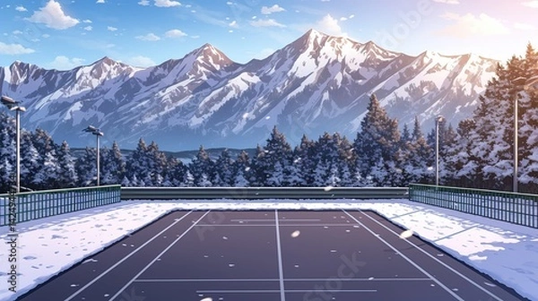 Fototapeta Scenic mountain landscape with snow-capped peaks and lush forest surrounding a tennis court on a clear sunny day with blue sky and distant horizon