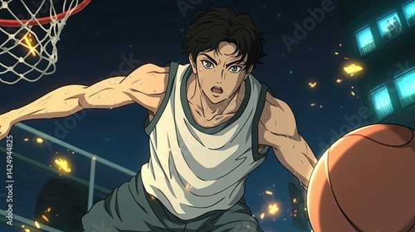 Fototapeta Dynamic anime style illustration of a young male basketball player in action du night game under bright stadium lights with city background and glowing effects