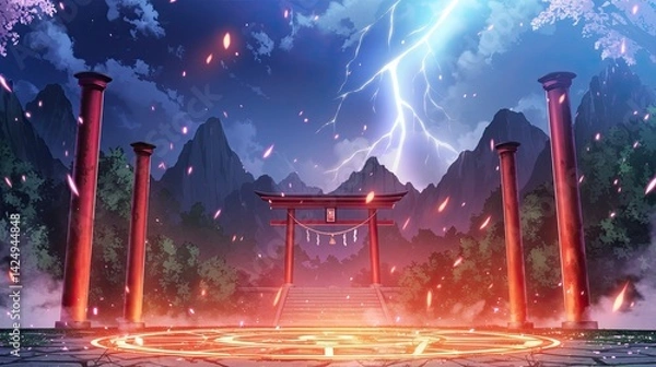 Fototapeta Mystical Japanese shrine surrounded by lightning storm and fiery embers with tall mountains and lush trees in a fantasy landscape scene