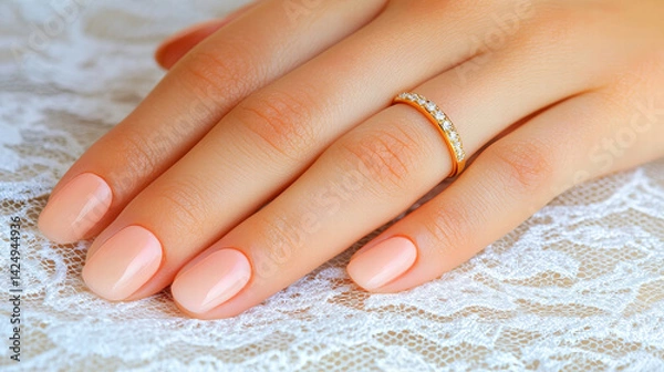 Fototapeta delicate hand with perfectly manicured nails showcases beautiful gold ring adorned with sparkling gemstones, resting on intricate lace fabric, evoking elegance and romance