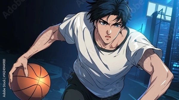 Fototapeta Animated male character with dark hair and determined expression playing basketball in a futuristic urban cityscape at night, detailed anime style illustration