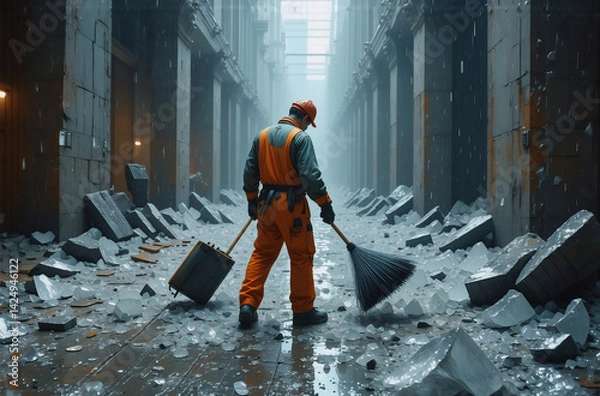 Fototapeta A lone worker sweeps a debris-strewn street amid heavy rain and large architectural structures. The image evokes a sense of solitude, reflecting an aftermath of a destructive event. The city is engulf