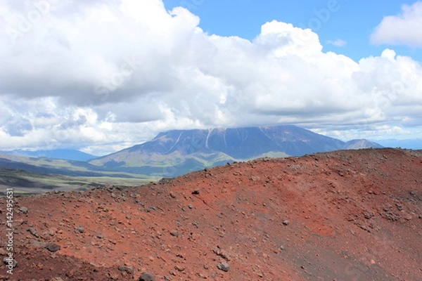 Fototapeta Black and red ash, valley of hills, after volcanic eruption