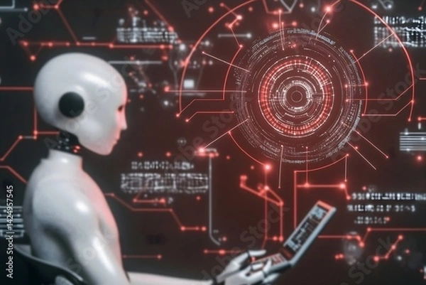 Fototapeta White humanoid robot analyzing holographic red digital interface data