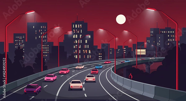 Fototapeta This flat design illustration shows a bustling city highway curving through a skyline of silhouetted buildings at night. 