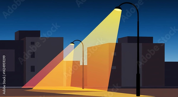 Fototapeta This is a minimalist flat design illustration of an empty urban street scene at night under a dark blue sky. 