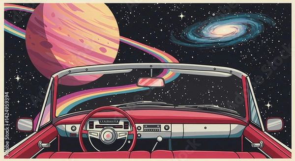 Fototapeta This surreal illustration shows the interior view from a classic red convertible car driving through outer space. 