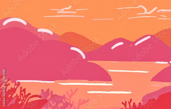 Fototapeta 夕焼けの海の背景イラスト