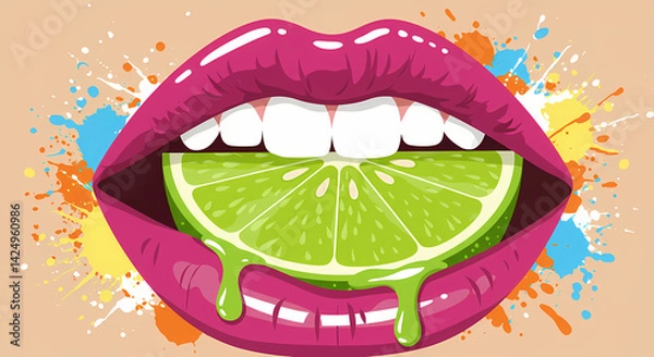 Fototapeta A vibrant pop art illustration features bright pink lips biting into a juicy green lime slice with drips and colorful splashes. 