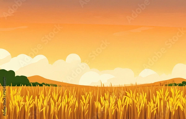 Fototapeta 夕焼けの田んぼの背景イラスト