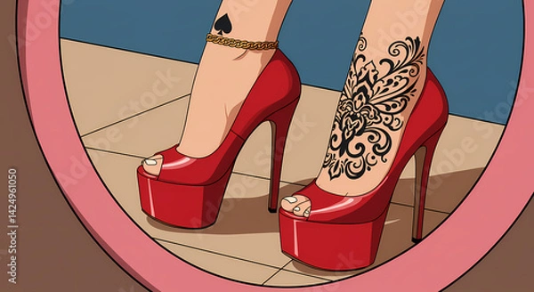 Fototapeta A stylized illustration captures a reflection of legs wearing striking red platform high heels, showcasing a spade tattoo with a chain and a large ornamental tattoo. 
