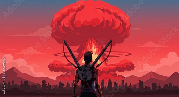 Fototapeta A lone figure stands with their back to the viewer, looking out at a massive red mushroom cloud rising above a ruined city and distant mountains. 