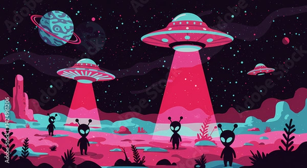 Fototapeta A vibrant, stylized illustration depicting multiple UFOs landing and shining beams on a group of small aliens on a colorful alien planet landscape. 