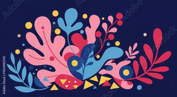 Fototapeta A modern, abstract illustration features a cluster of stylized pink, blue, and red plant and berry shapes with yellow geometric accents against a dark blue background. 