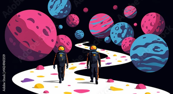 Fototapeta A graphic illustration depicts two astronauts walking along a winding path through a colorful space scene filled with various stylized planets. 