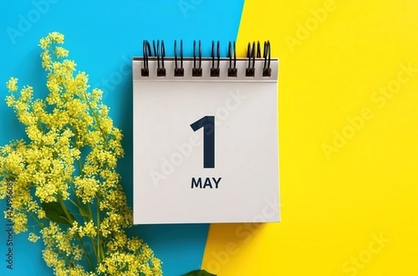 Fototapeta A calendar with the date of May 1st on it, set against a yellow and blue background. 
