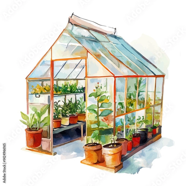 Obraz High‑tech greenhouse powered by sensors, watercolor illustration, isolated on a white background.

