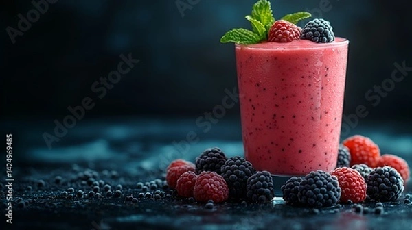 Obraz Refreshing raspberry and blackberry smoothie in a glass.
