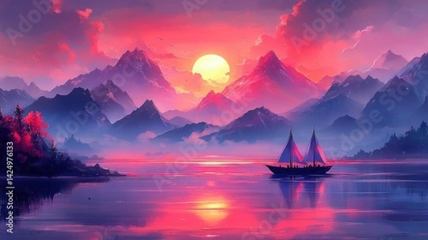 Fototapeta Serene mountain sunrise over a lake