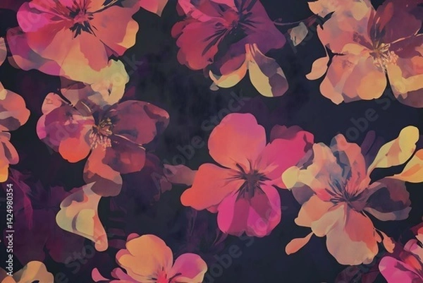 Obraz Dark background with seamless pattern of stylized flowers in shades of pink red orange and purple creating a bold and artistic floral design