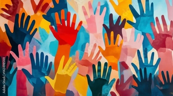Fototapeta Colorful illustration of many hands raised in the air, symbolizing unity, diversity, and participation.