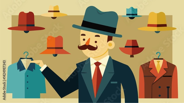 Fototapeta A man trying on a collection of vintage fedoras admiring the quality and craftsmanship of each one..