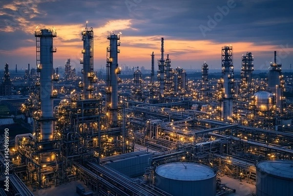 Fototapeta An industrial complex showing a large chemical processing facility at dusk