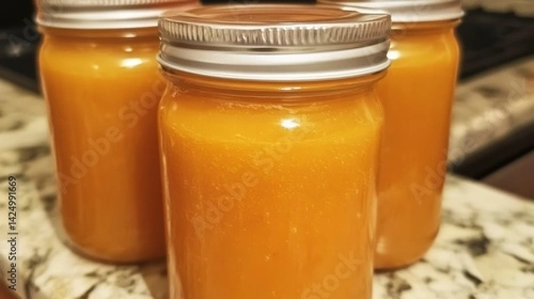 Obraz Three glass jars filled with homemade orange marmalade.