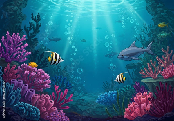 Fototapeta An enchanting underwater scene showcasing a coral reef filled with colorful fish and bubbles in a serene ocean