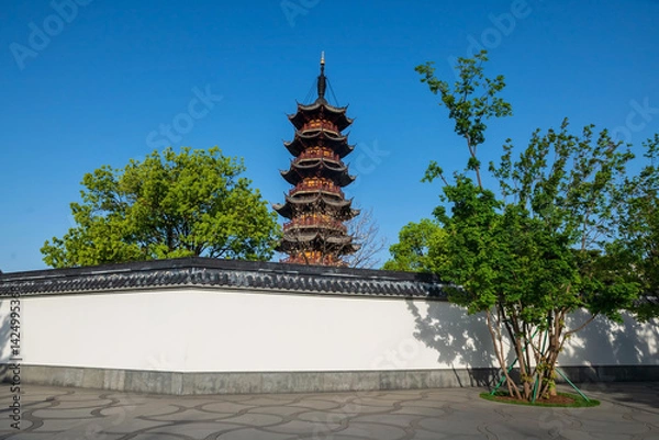 Fototapeta Longhua temple pagoda as flak cannon tower, Shanghai, China