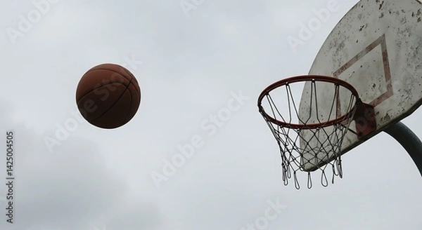 Fototapeta An airborne basketball is captured in motion as it approaches a weathered hoop and net against a soft, overcast sky.