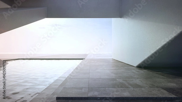 Fototapeta Empty concrete floor terrace near water in pond. 3d rendering of abstract gray building with sea and clear sky background.