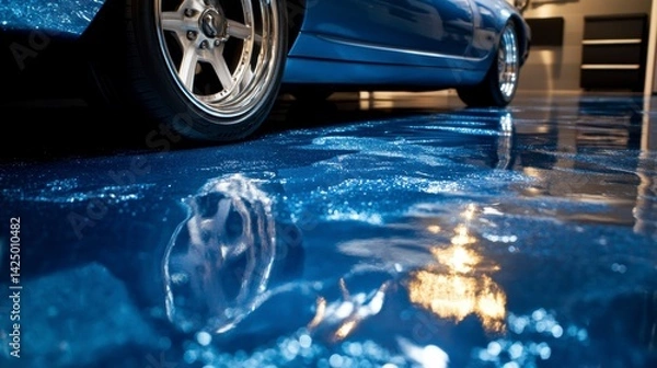 Obraz Blue car parked in a garage with a reflective epoxy floor.