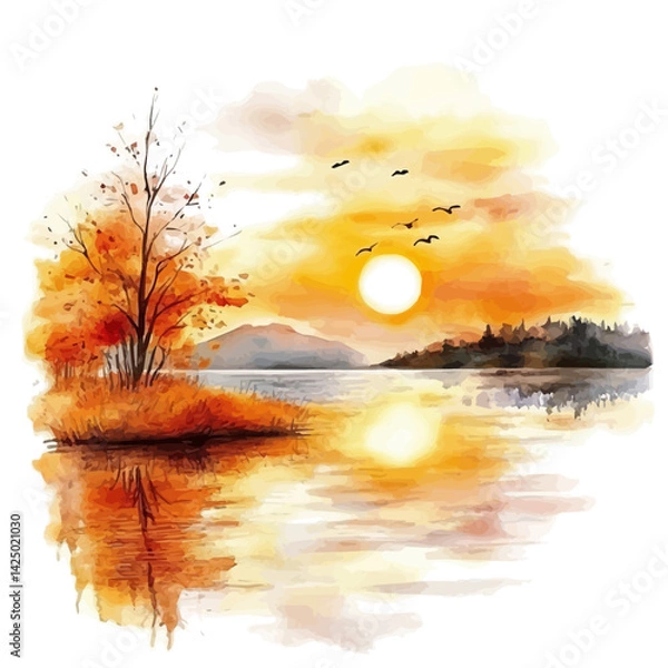 Obraz Golden autumn sunrise over a quiet lake, watercolor illustration, isolated on a white background.

