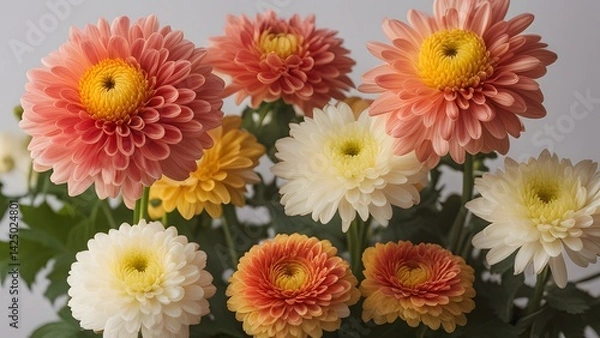 Obraz Chrysanthemum flowers beautifully arranged in a vase on a wooden table at homeChrysanthemum flowers beautifully arranged in a vase on a wooden table at home
