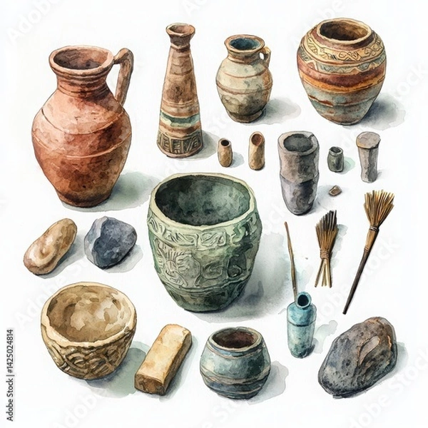 Fototapeta Various Ancient Pottery and Artifacts on a Light Background