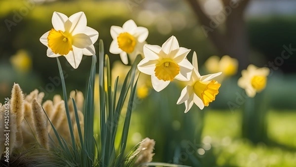 Obraz Spring daffodils in full bloom surrounded by lush greenery in the morning