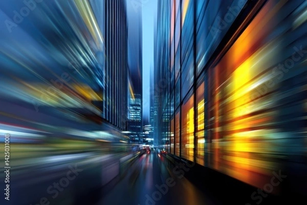 Fototapeta Abstract urban cityscape at dusk with motion blur capturing modern building architecture and street lights with vibrant colors