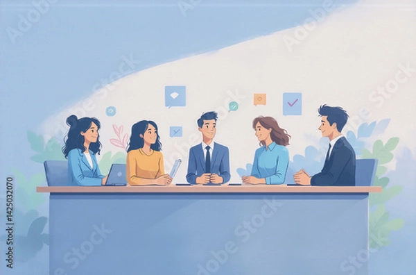 Fototapeta A diverse team collaborates around a table, engaging in a productive meeting.  Their avatars suggest a focused and positive work environment.  Digital communication icons float nearby.