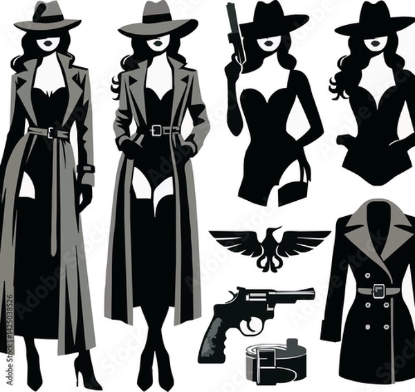 Fototapeta Silhouette Femme Fatale: A stylized collection of bold black and white silhouettes, evoking an aura of mystery and intrigue, hinting at a dangerous woman with a blend of elegance.