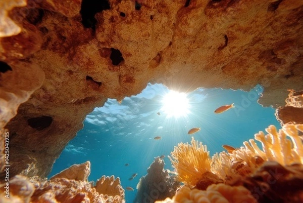 Fototapeta Underwater view of coral reef with fish swimming towards the bright sun filtering through the surface. The scene is bathed in vibrant blue and yellow hues with rich details of the ocean life