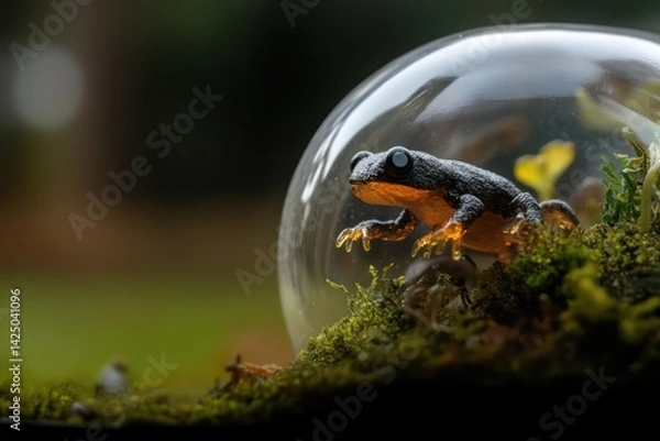 Fototapeta A small creature within a glass sphere rests amidst moss and small plants against a blurred natural backdrop. The creature displays a vibrant orange underbelly with a dark speckled top. Shallow focus